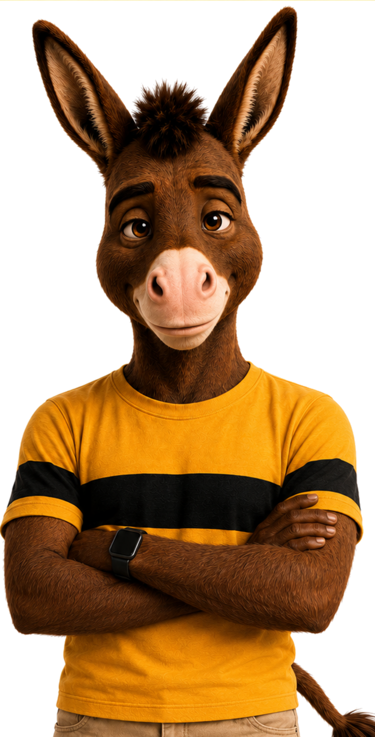 Super Gregory, a brown anthropomorphic donkey in his yellow and black shirt, standing with his arms folded