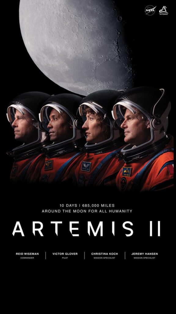 NASA Artemis II mission poster showing four astronauts in orange spacesuits against a moonlit background with mission stats and crew names.