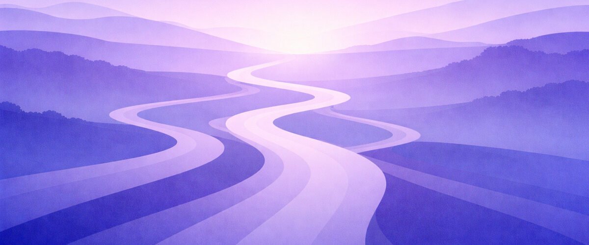 Soft gradient landscape with multiple winding paths gradually merging into a single path