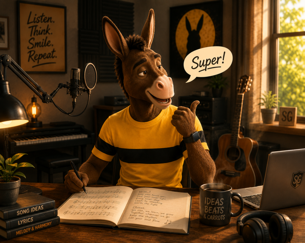 Super Gregory smiles from his songwriting desk in his music studio, taking a creative break while working on new songs and ideas.