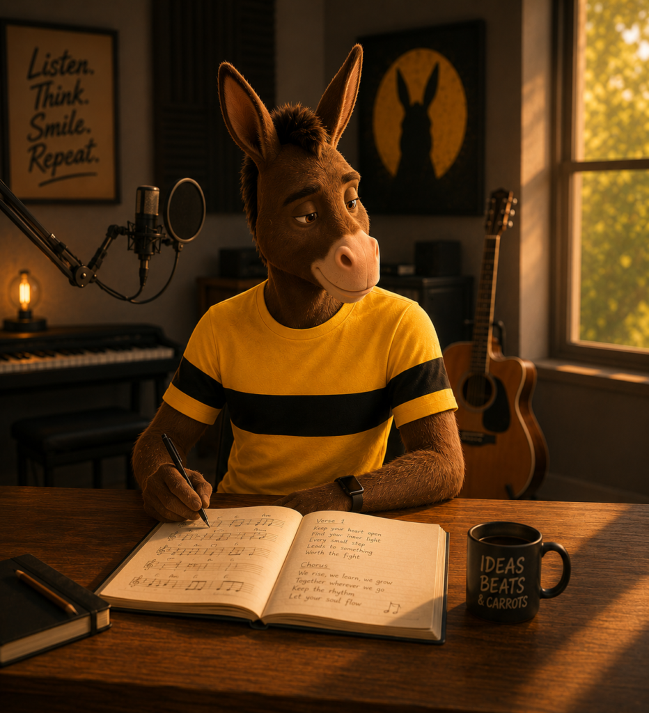 Super Gregory, a virtual donkey musician, writes music in his recording studio while surrounded by a microphone, guitar, keyboard, and notebook filled with song ideas.